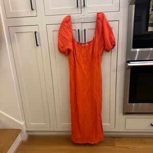 LOFT Vibrant Orange Maxi Dress with Puff Sleeves